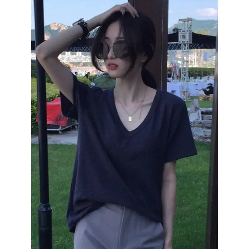 Women Black V-Neck Short Sleeve T-Shirt Summer 2023 - Image 6
