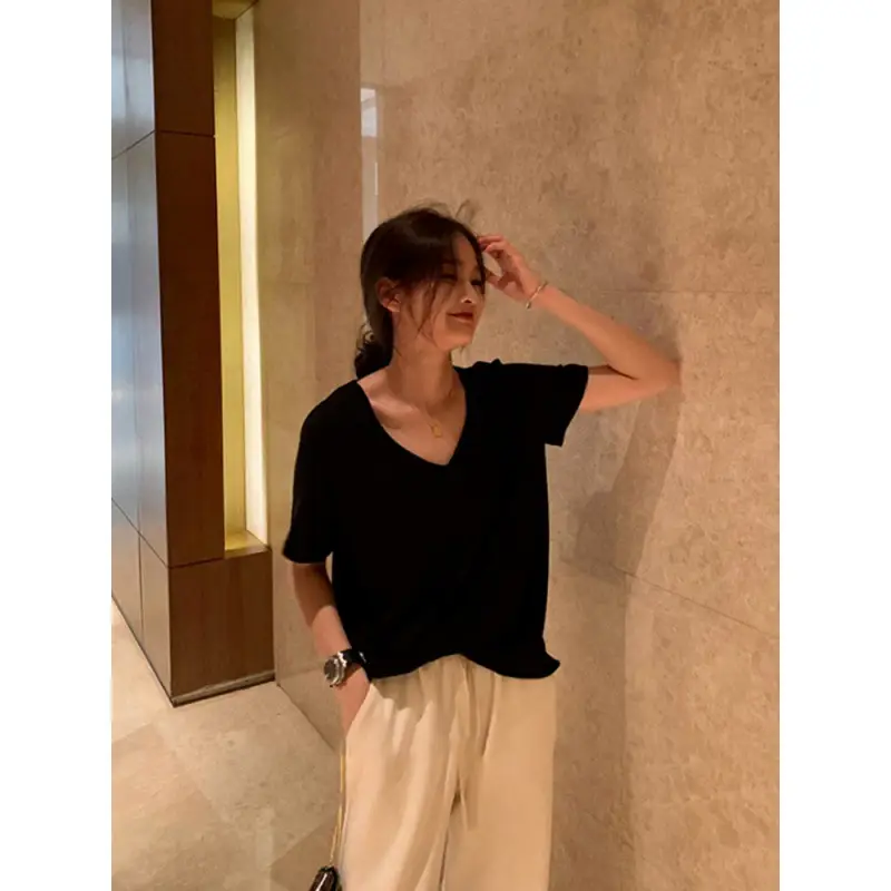 Women Black V-Neck Short Sleeve T-Shirt Summer 2023 - Image 7