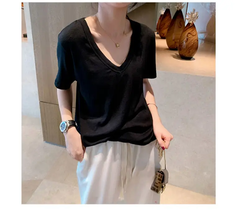 Women Black V-Neck Short Sleeve T-Shirt Summer 2023 — feature 12