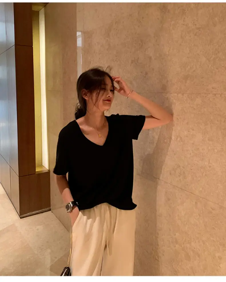 Women Black V-Neck Short Sleeve T-Shirt Summer 2023 — feature 13