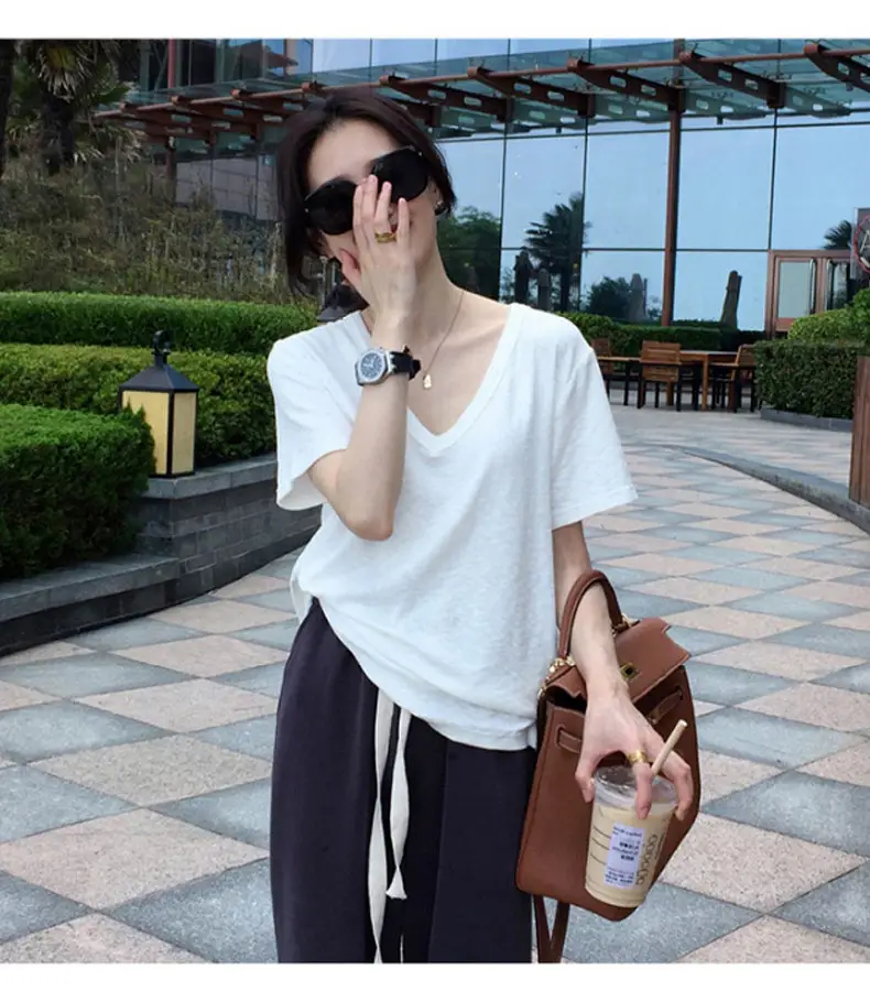 Women Black V-Neck Short Sleeve T-Shirt Summer 2023 — feature 2