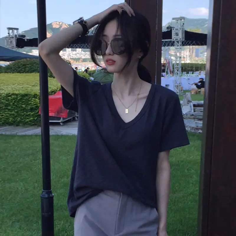 Women Black V-Neck Short Sleeve T-Shirt Summer 2023 - Image 2