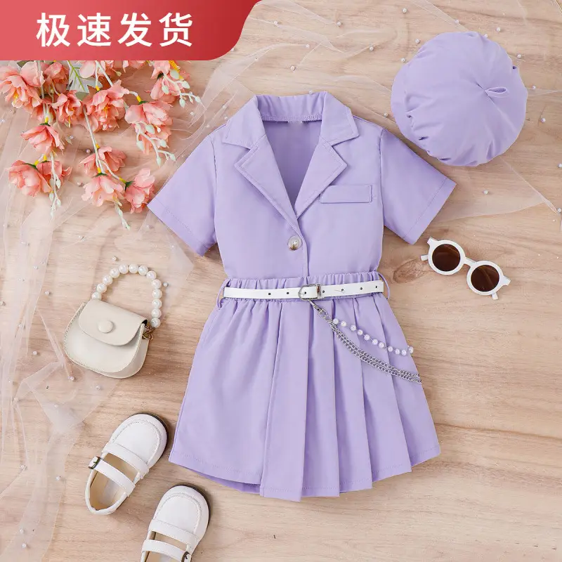 Lilac Purple Girls Spring Summer Set with Belted Shorts and Hat