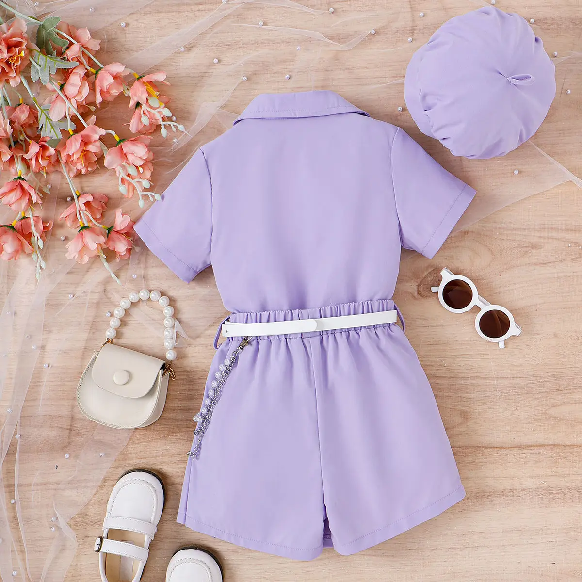 Lilac Purple Girls Spring Summer Set with Belted Shorts and Hat