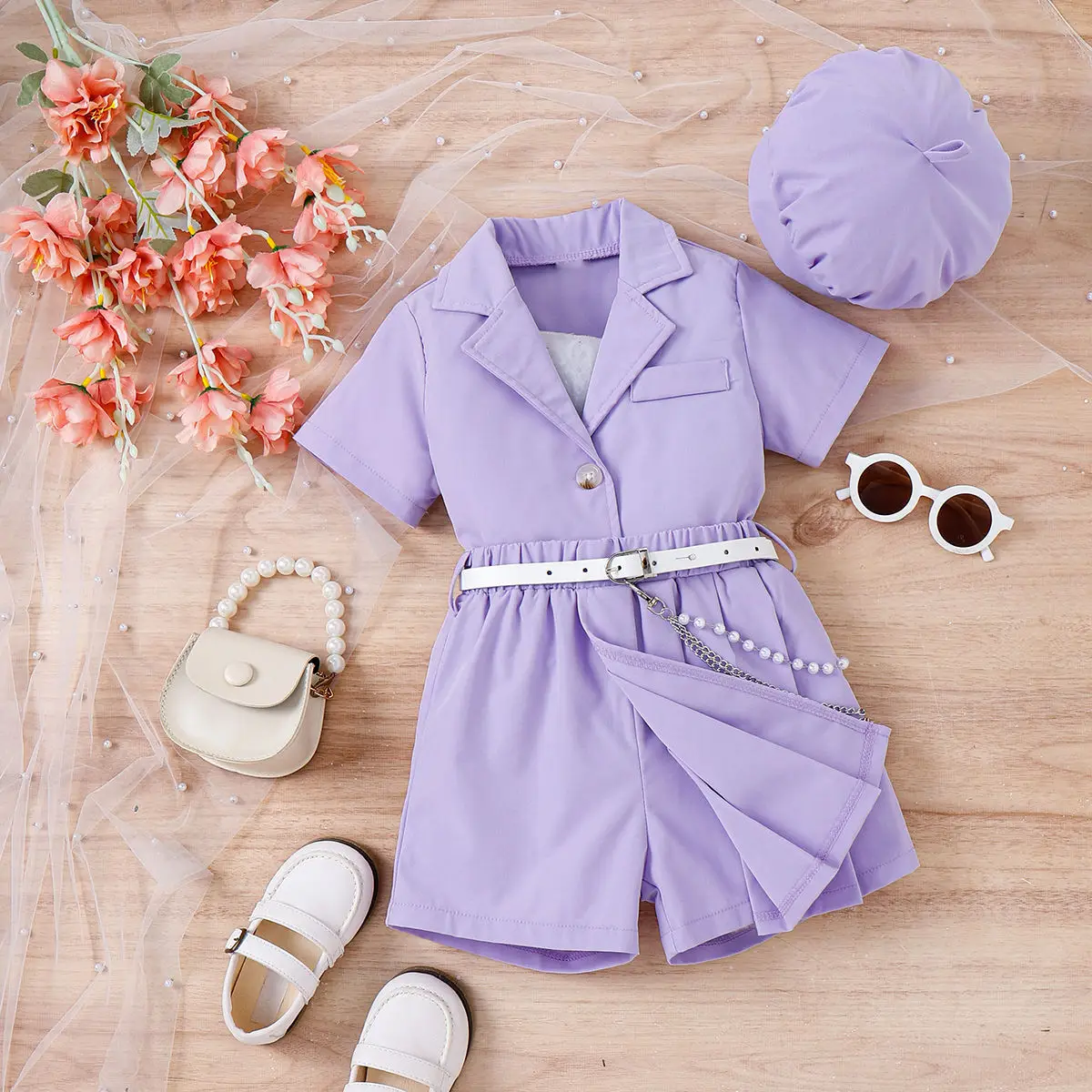 Lilac Purple Girls Spring Summer Set with Belted Shorts and Hat