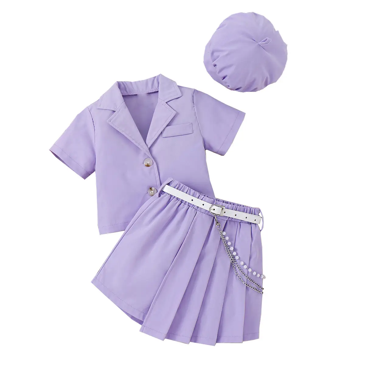 Lilac Purple Girls Spring Summer Set with Belted Shorts and Hat