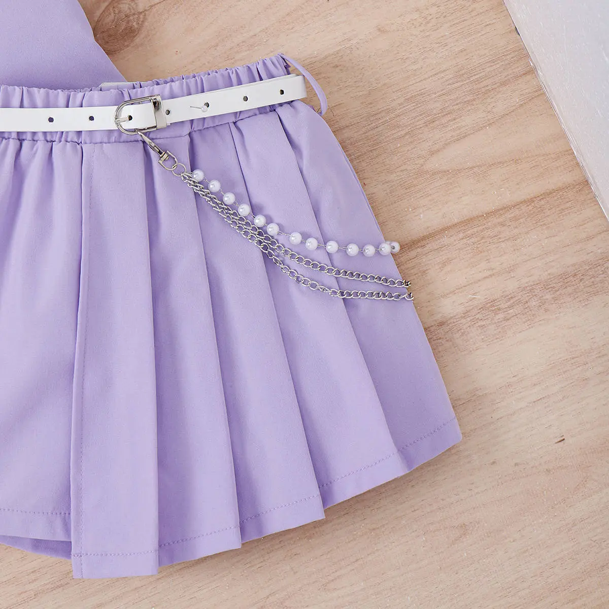 Lilac Purple Girls Spring Summer Set with Belted Shorts and Hat — feature 2