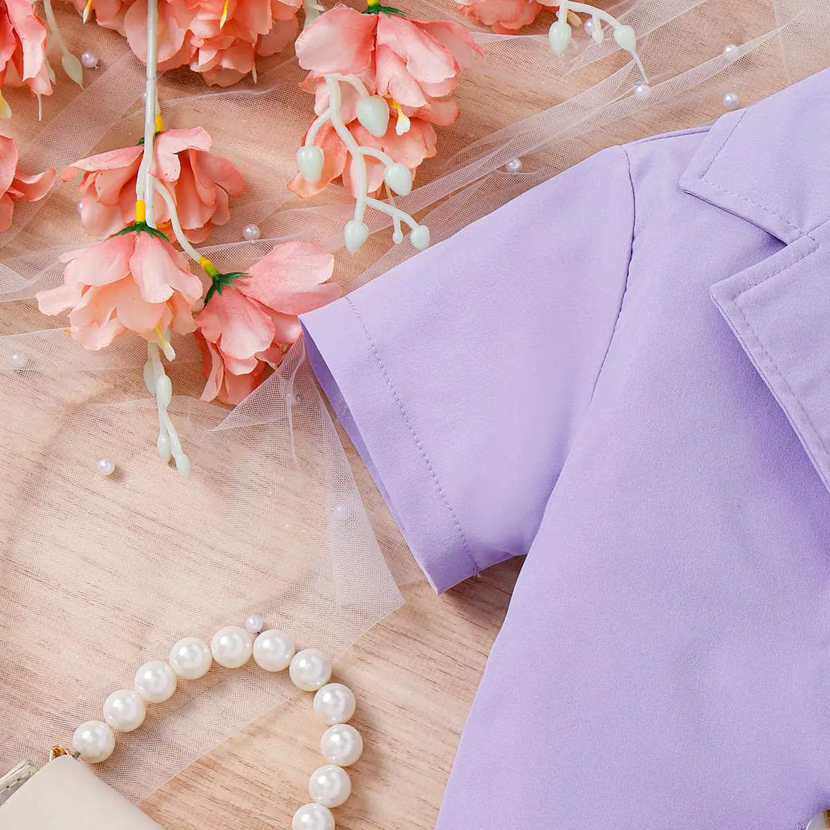 Lilac Purple Girls Spring Summer Set with Belted Shorts and Hat — feature 3