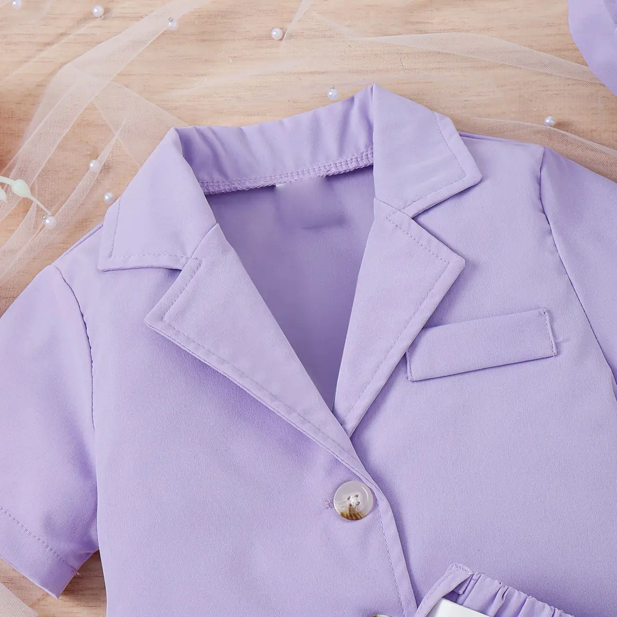 Lilac Purple Girls Spring Summer Set with Belted Shorts and Hat — feature 4