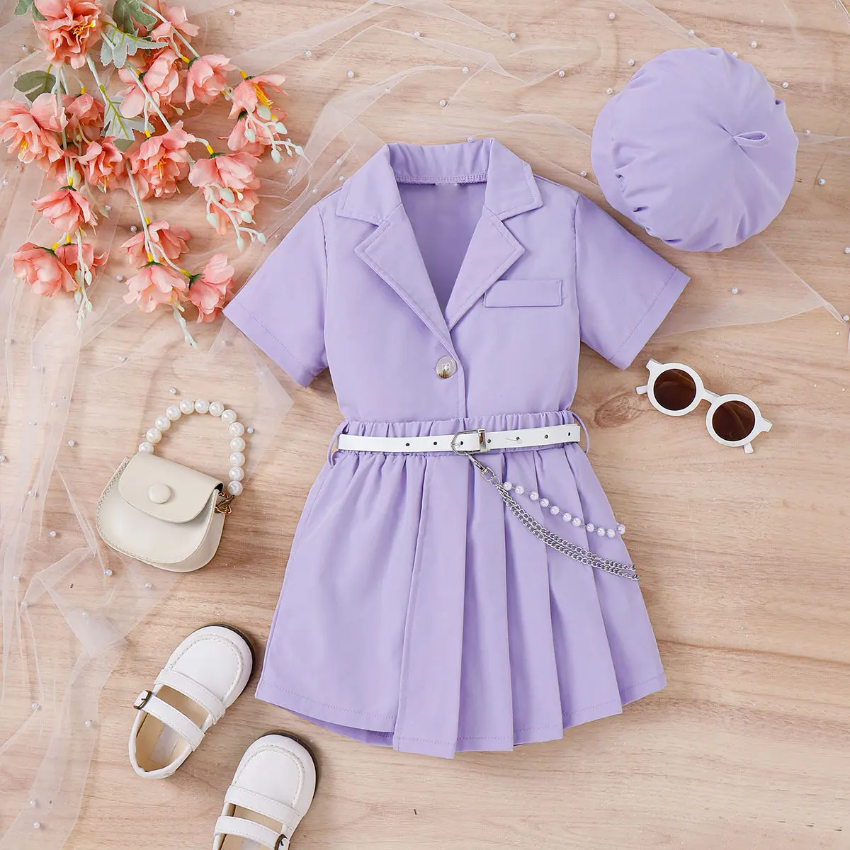 Lilac Purple Girls Spring Summer Set with Belted Shorts and Hat — feature 7