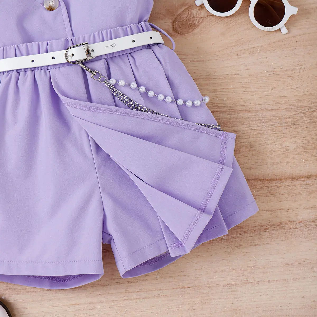 Lilac Purple Girls Spring Summer Set with Belted Shorts and Hat — feature 9