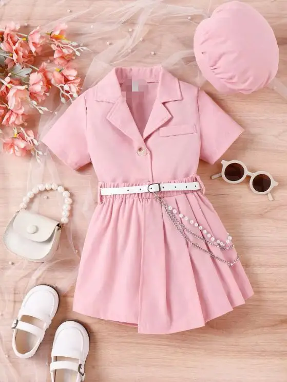 Lilac Purple Girls Spring Summer Set with Belted Shorts and Hat