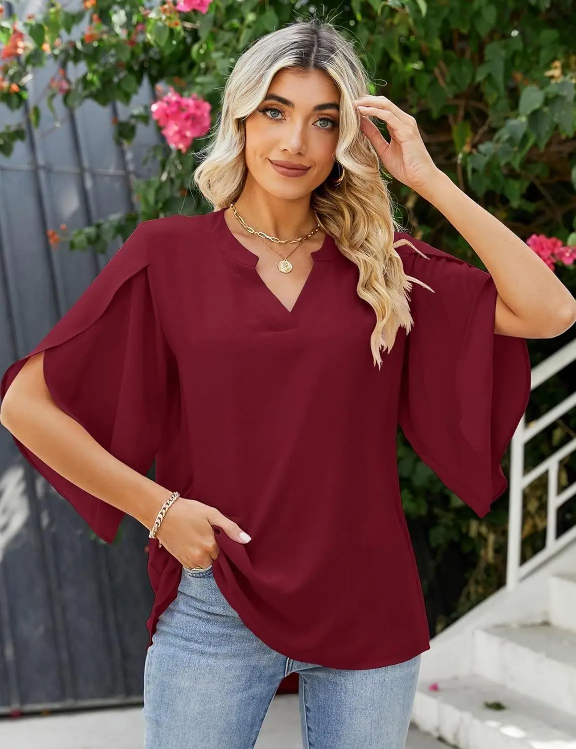 2025 Blue V-Neck Chiffon Top for Women — feature 19