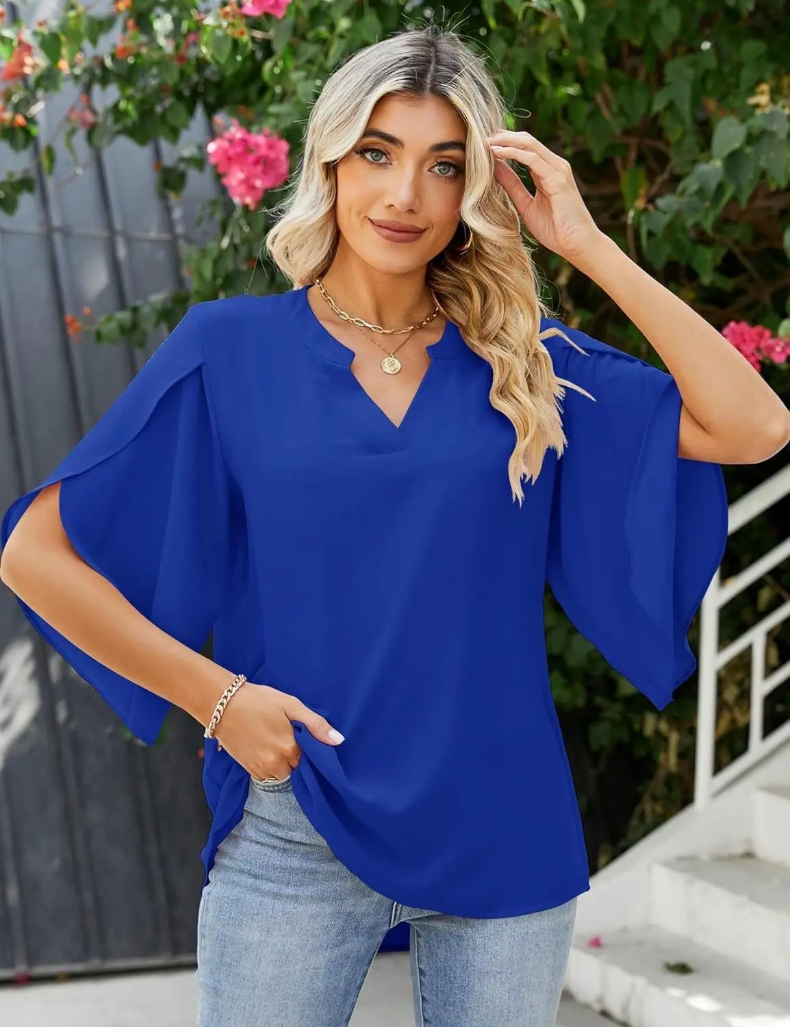 2025 Blue V-Neck Chiffon Top for Women — feature 22