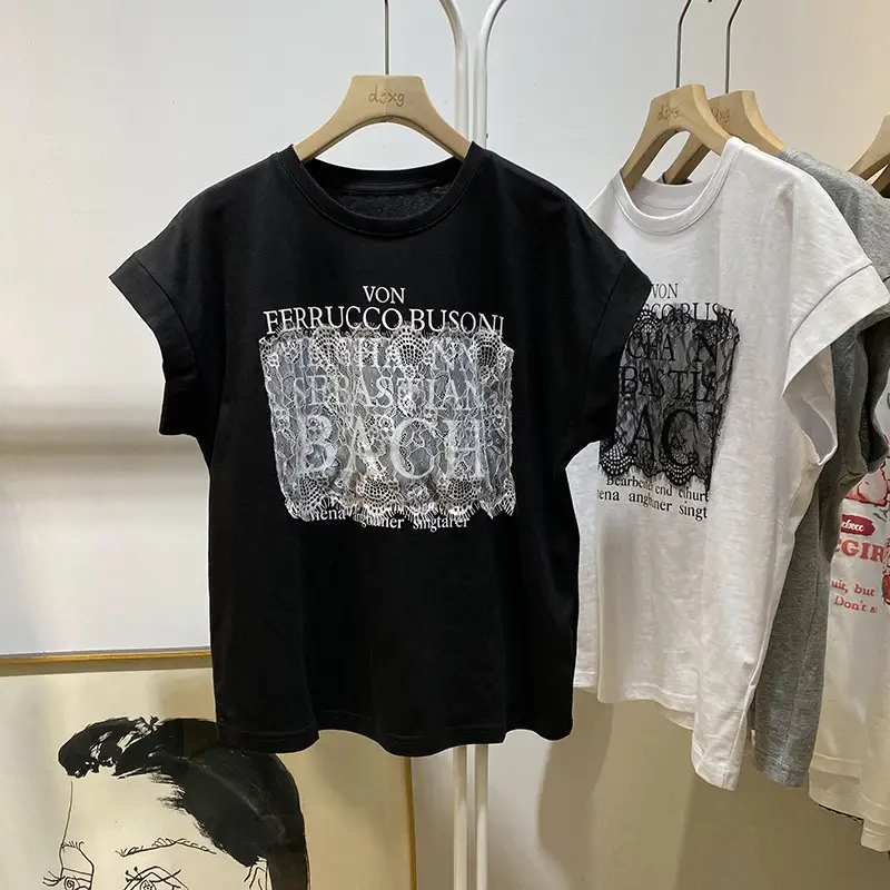 Women Korean Style Lace T-Shirt Black Grey Print - Image 4
