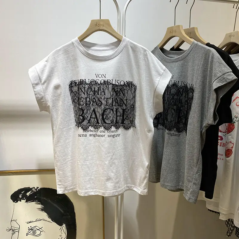 Women Korean Style Lace T-Shirt Black Grey Print - Image 2