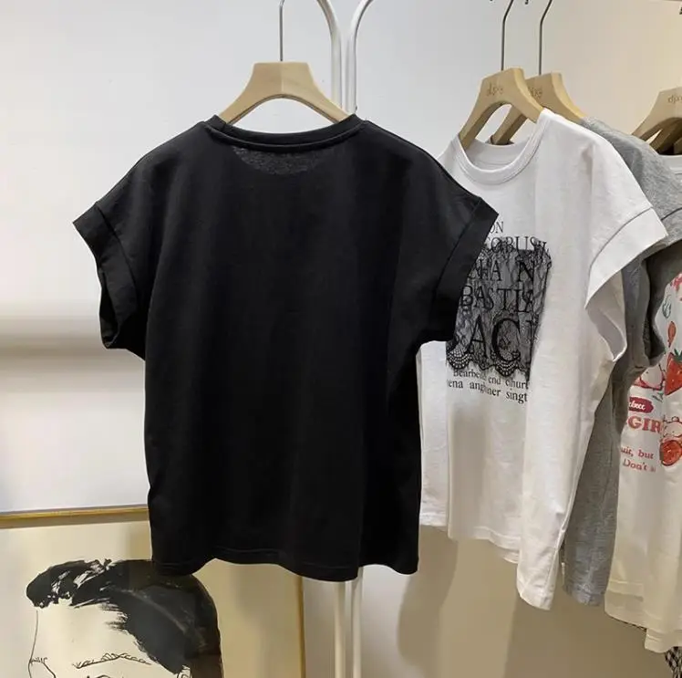 Women Korean Style Lace T-Shirt Black Grey Print - Image 5