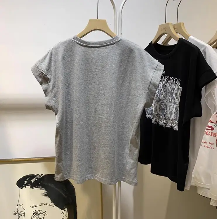 Women Korean Style Lace T-Shirt Black Grey Print - Image 6