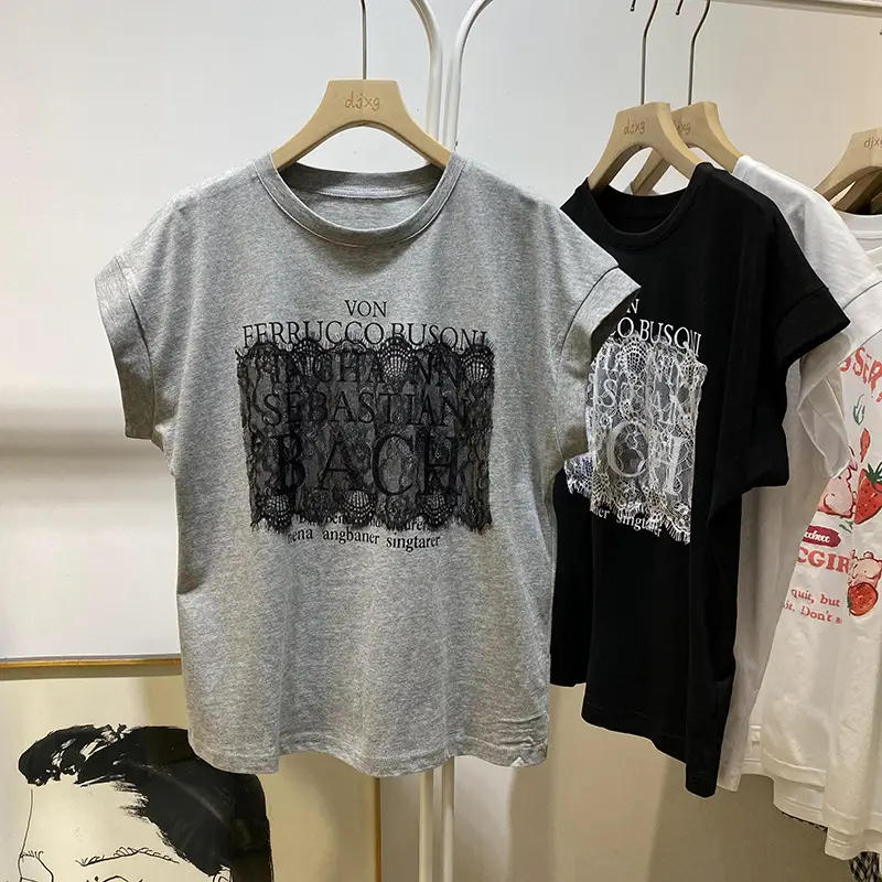Women Korean Style Lace T-Shirt Black Grey Print — feature 2