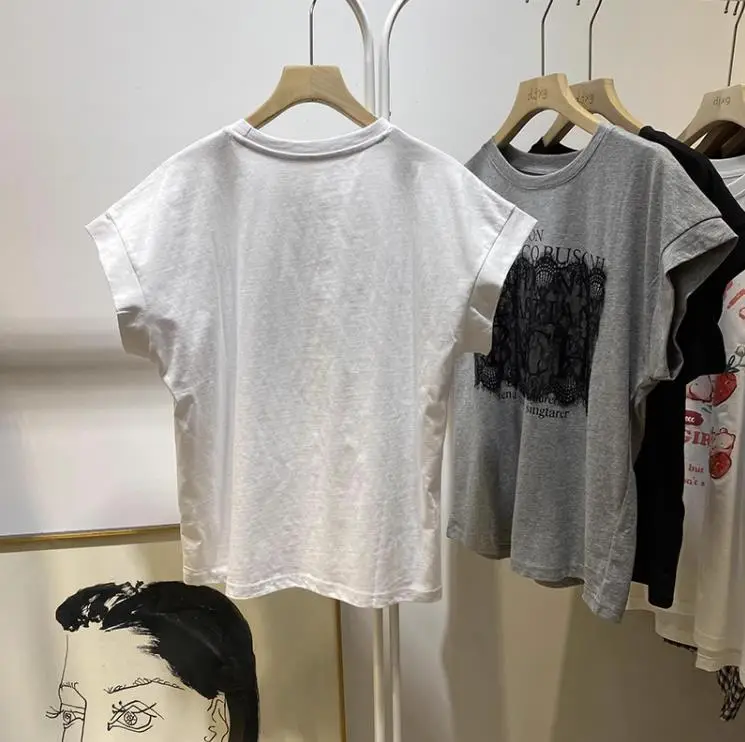 Women Korean Style Lace T-Shirt Black Grey Print — feature 6