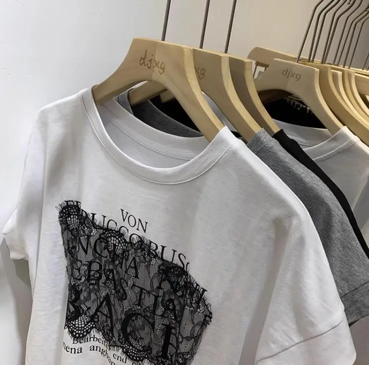 Women Korean Style Lace T-Shirt Black Grey Print — feature 7