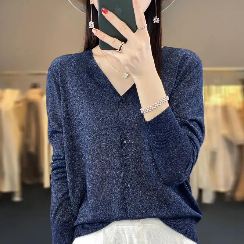 Women V-neck Knitted Linen Cardigan Blue 2023 - Image 9