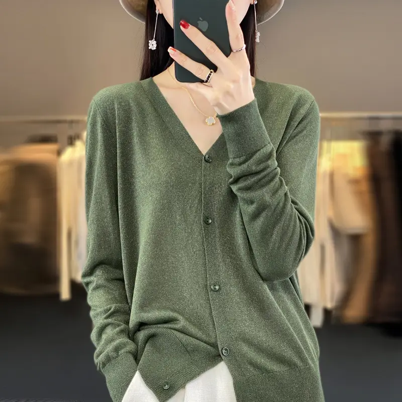 Women V-neck Knitted Linen Cardigan Blue 2023 - Image 10