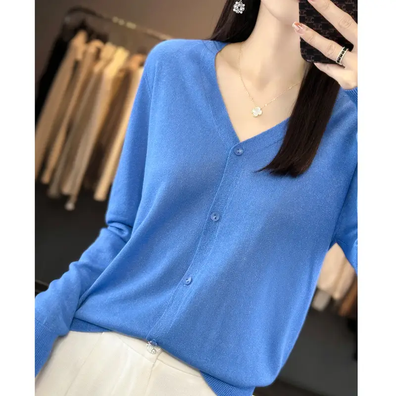 Women V-neck Knitted Linen Cardigan Blue 2023 - Image 11
