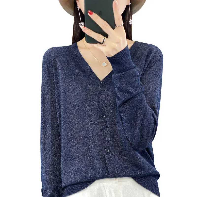 Women V-neck Knitted Linen Cardigan Blue 2023 - Image 13