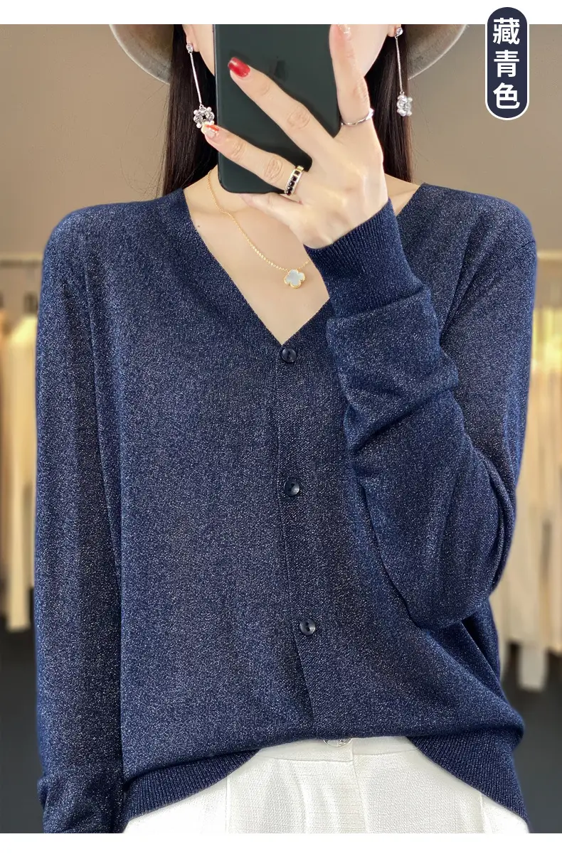 Women V-neck Knitted Linen Cardigan Blue 2023 — feature 11