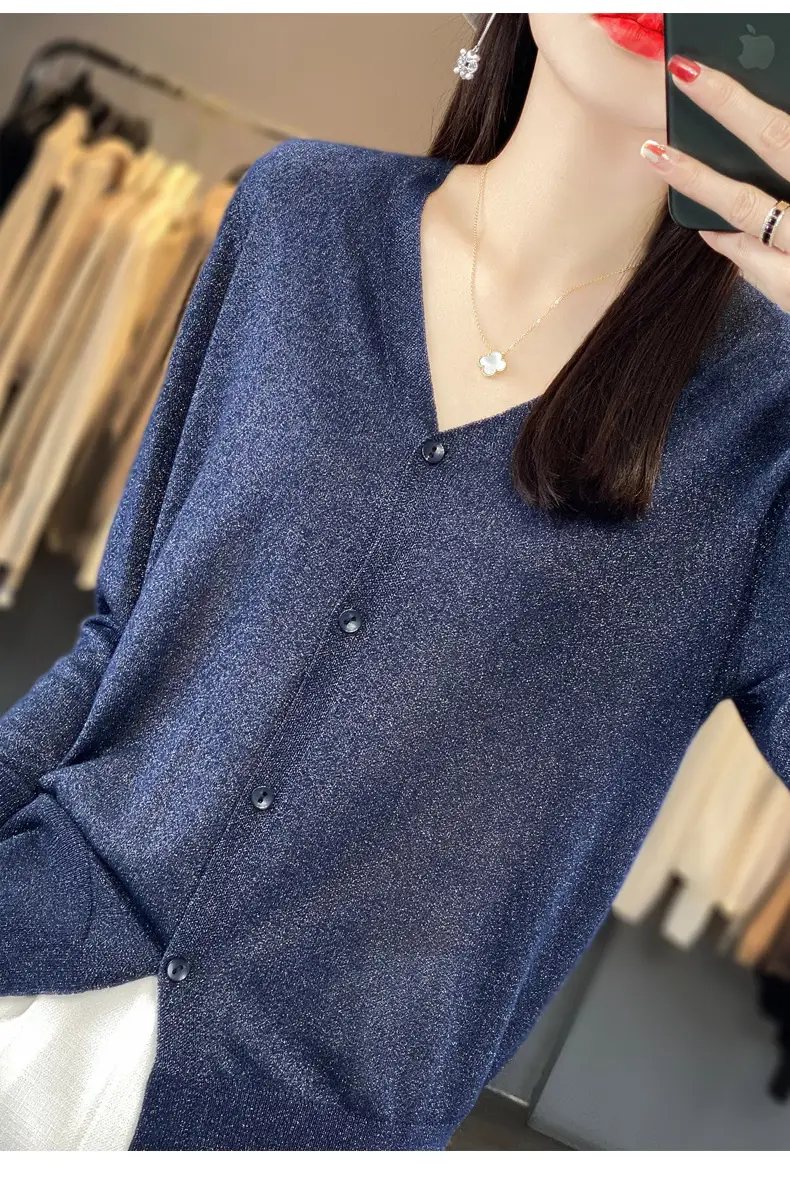 Women V-neck Knitted Linen Cardigan Blue 2023 — feature 12