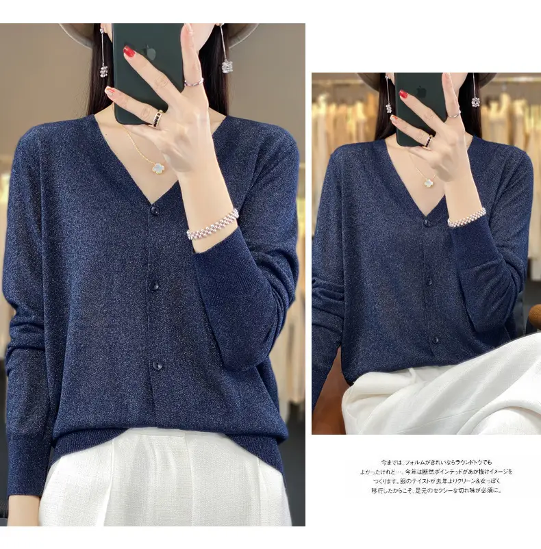 Women V-neck Knitted Linen Cardigan Blue 2023 — feature 13
