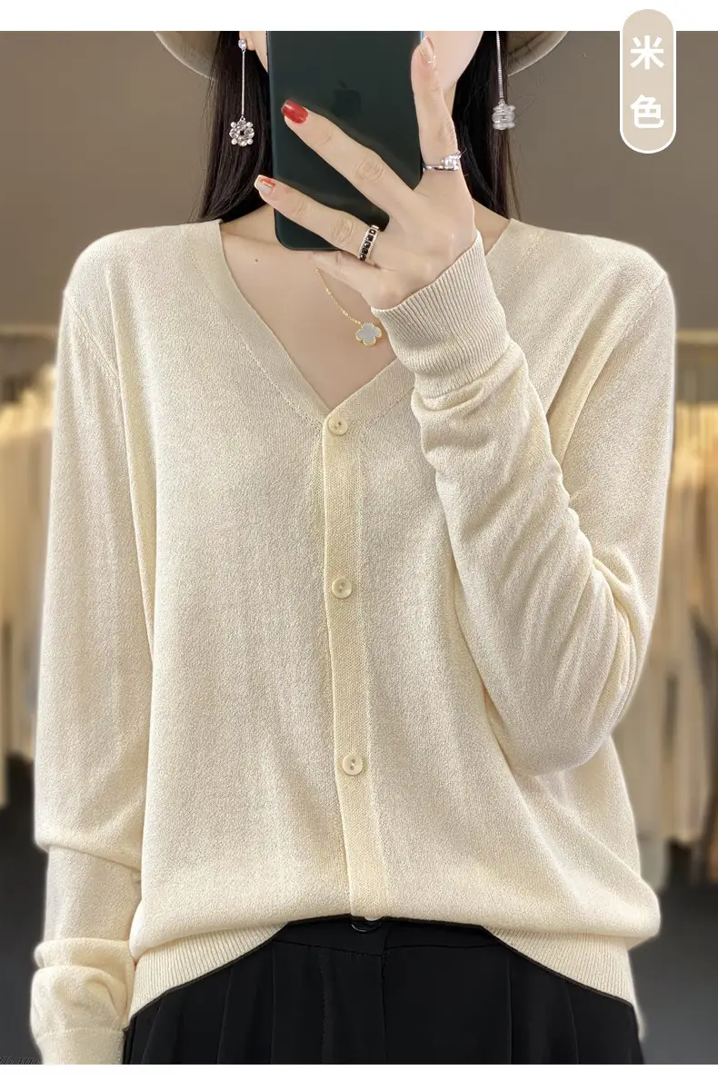 Women V-neck Knitted Linen Cardigan Blue 2023 — feature 14