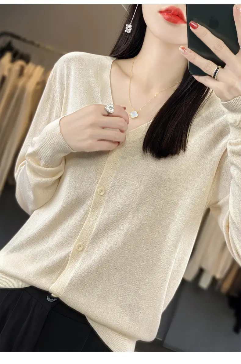 Women V-neck Knitted Linen Cardigan Blue 2023 — feature 15