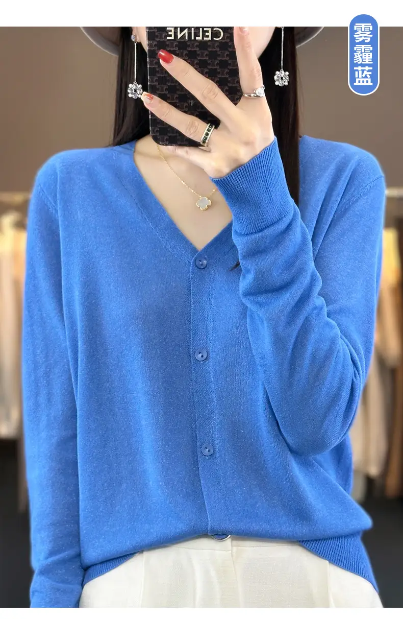 Women V-neck Knitted Linen Cardigan Blue 2023 — feature 17