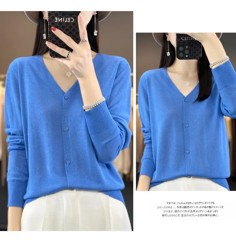 Women V-neck Knitted Linen Cardigan Blue 2023 — feature 18