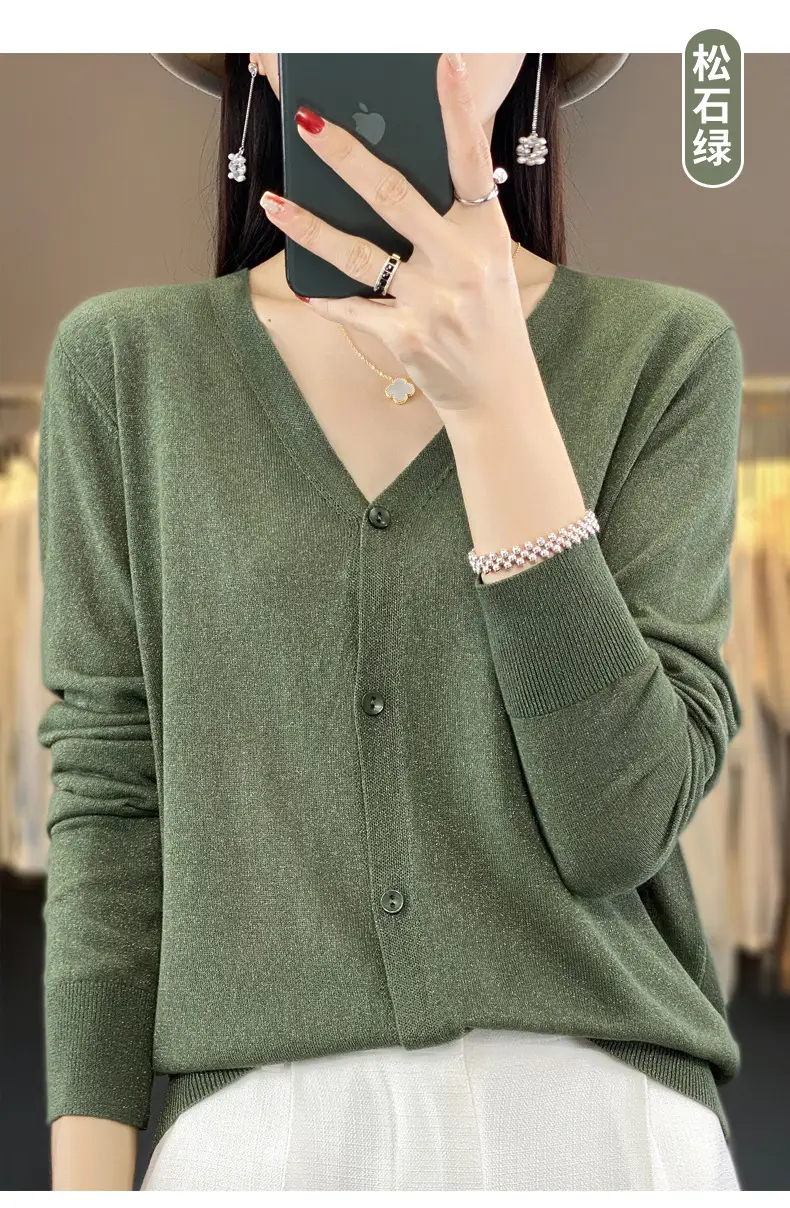 Women V-neck Knitted Linen Cardigan Blue 2023 — feature 19