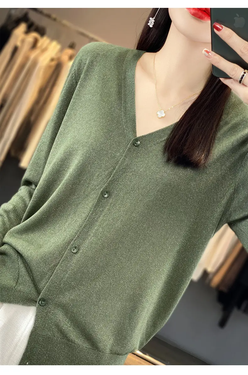 Women V-neck Knitted Linen Cardigan Blue 2023 — feature 20