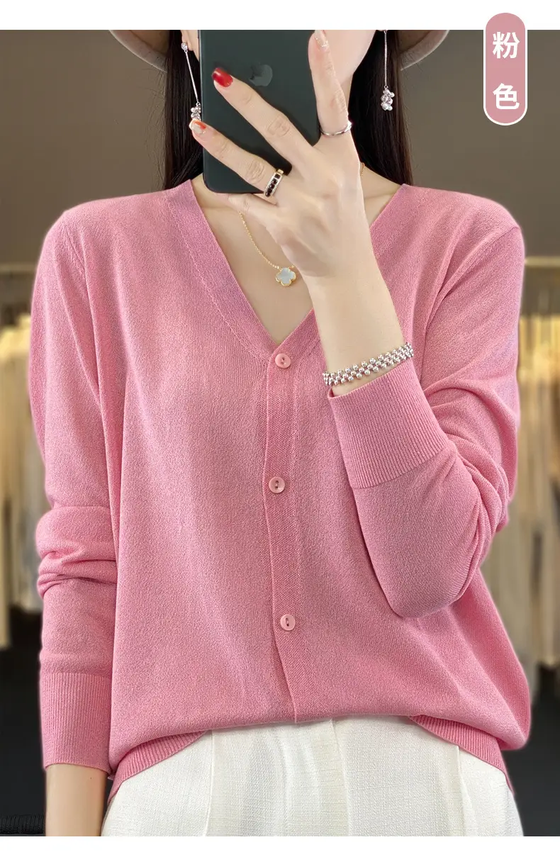 Women V-neck Knitted Linen Cardigan Blue 2023 — feature 22
