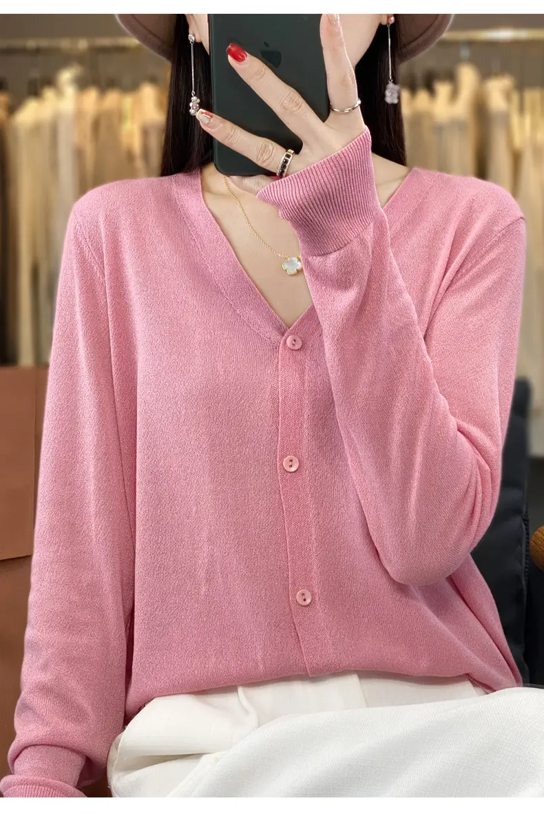 Women V-neck Knitted Linen Cardigan Blue 2023 — feature 23