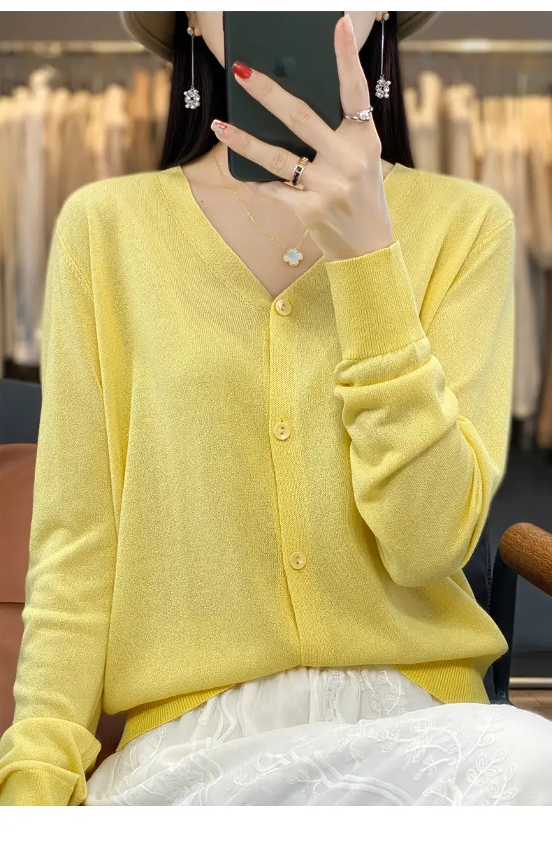 Women V-neck Knitted Linen Cardigan Blue 2023 — feature 25