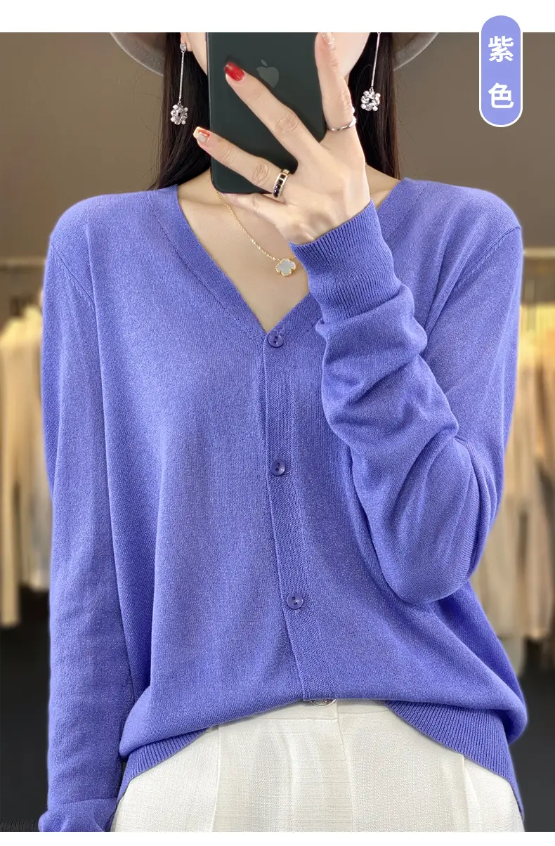 Women V-neck Knitted Linen Cardigan Blue 2023 — feature 27