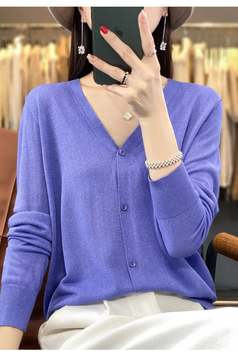 Women V-neck Knitted Linen Cardigan Blue 2023 — feature 28