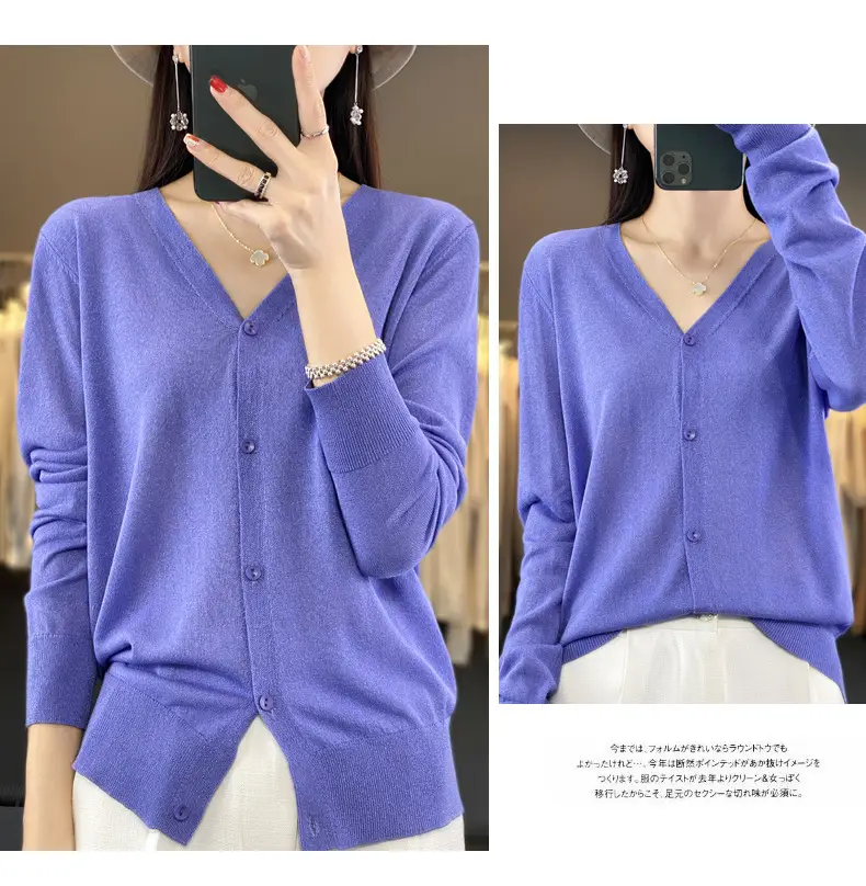 Women V-neck Knitted Linen Cardigan Blue 2023 — feature 29