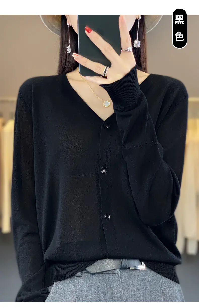 Women V-neck Knitted Linen Cardigan Blue 2023 — feature 32