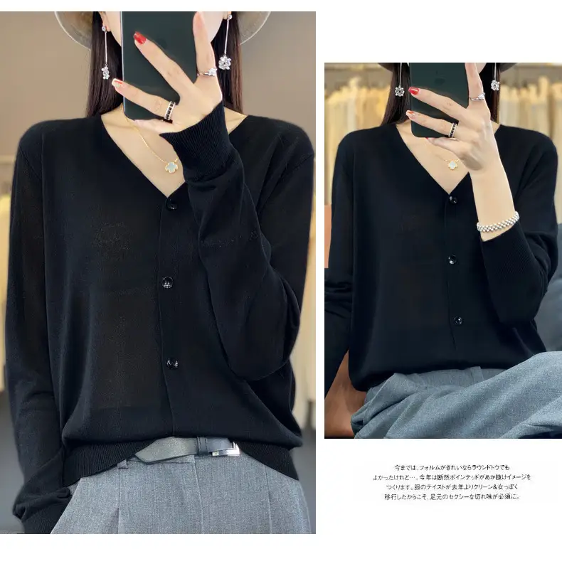 Women V-neck Knitted Linen Cardigan Blue 2023 — feature 33