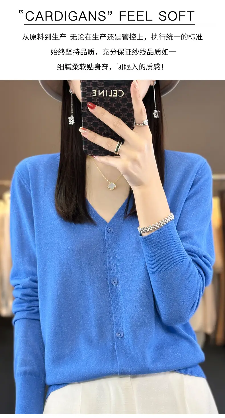 Women V-neck Knitted Linen Cardigan Blue 2023 — feature 5