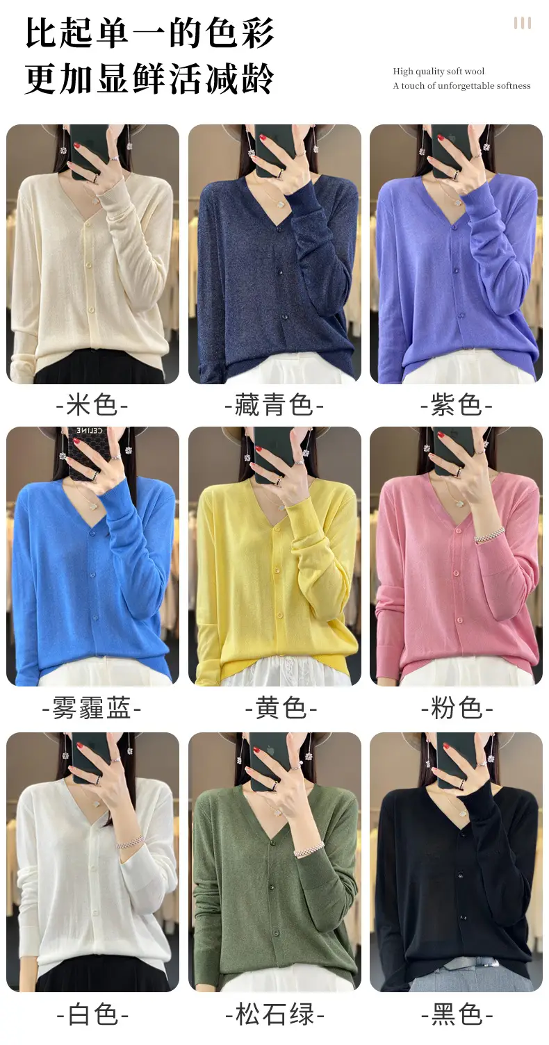 Women V-neck Knitted Linen Cardigan Blue 2023 — feature 9