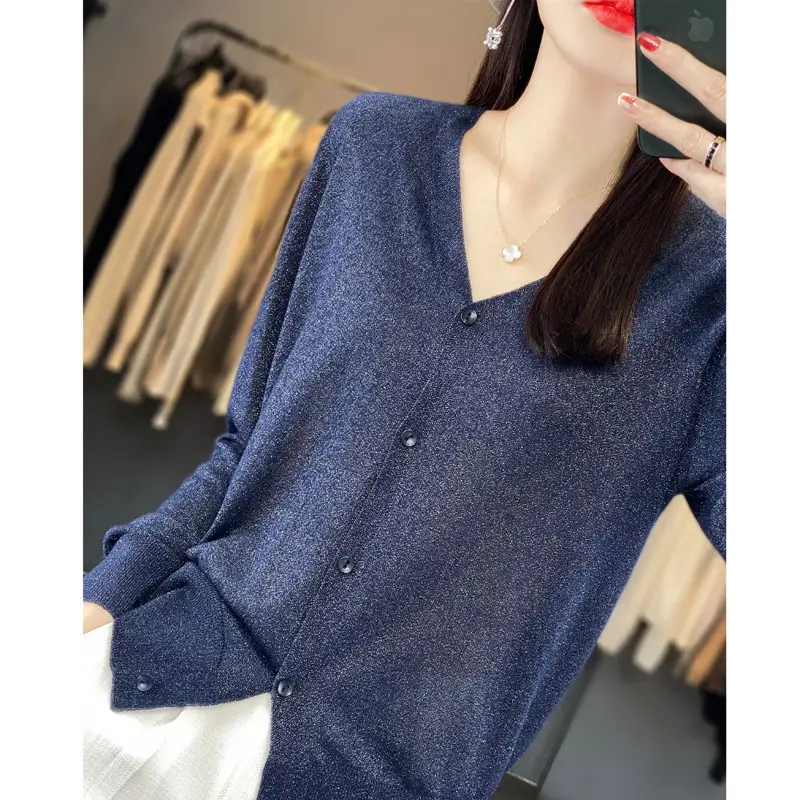 Women V-neck Knitted Linen Cardigan Blue 2023 - Image 2