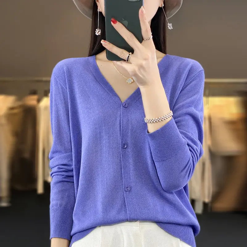 Women V-neck Knitted Linen Cardigan Blue 2023 - Image 3